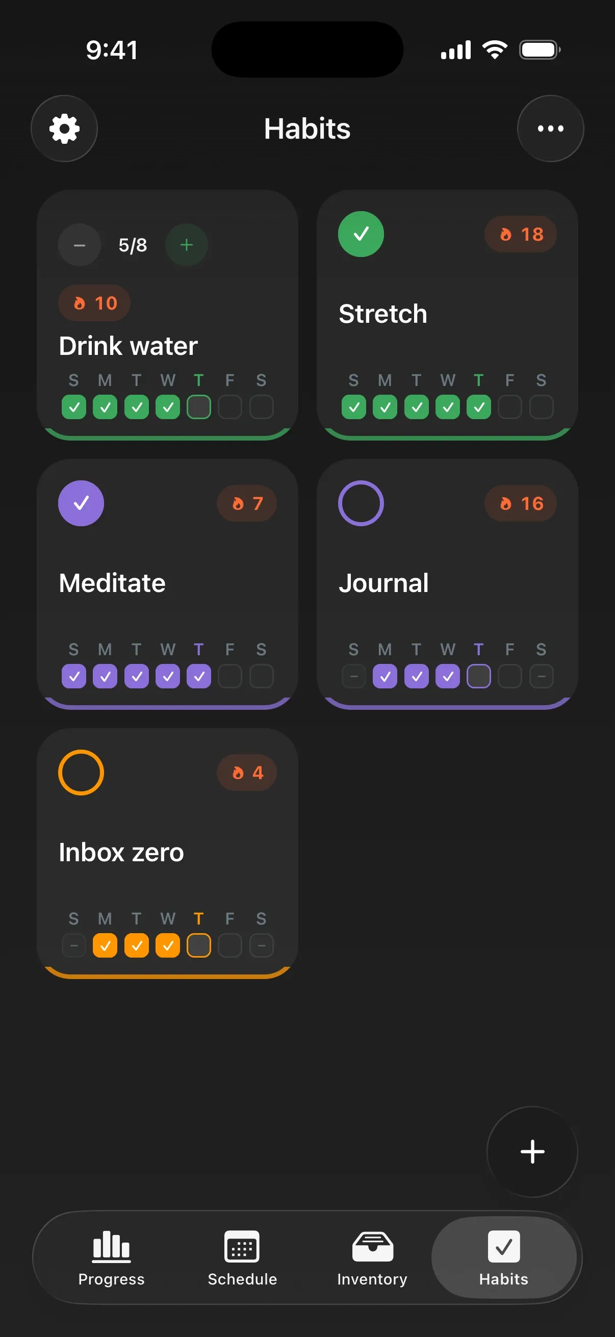 Slate’s Habits: cards for Drink water at 5 of 8, Stretch, Meditate, Journal and Inbox zero, each with its week and streak.