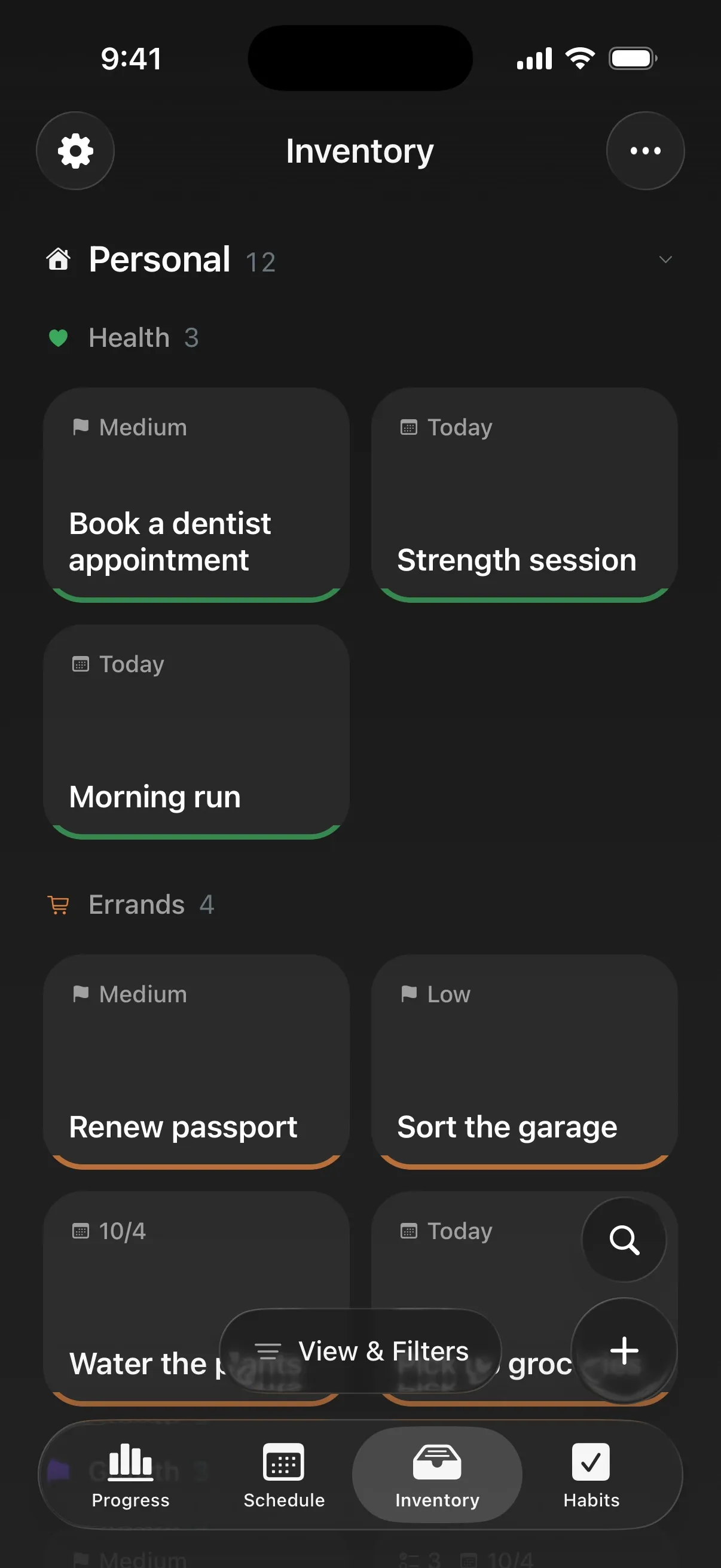 Slate’s Inventory: task cards grouped under Personal by tag, showing priority and the day each planned one is on.
