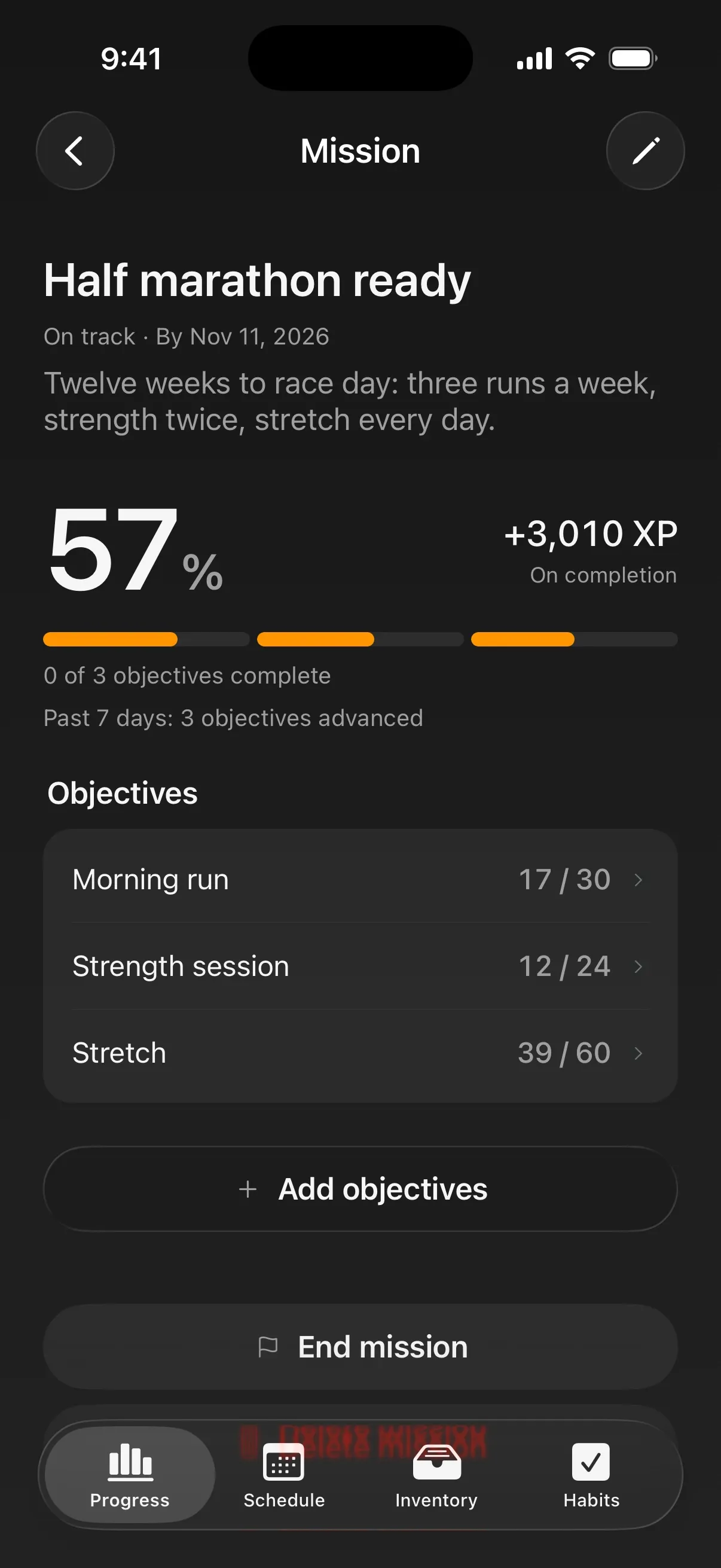 A mission, Half marathon ready, at 57% with three objectives: Morning run, Strength session and Stretch.